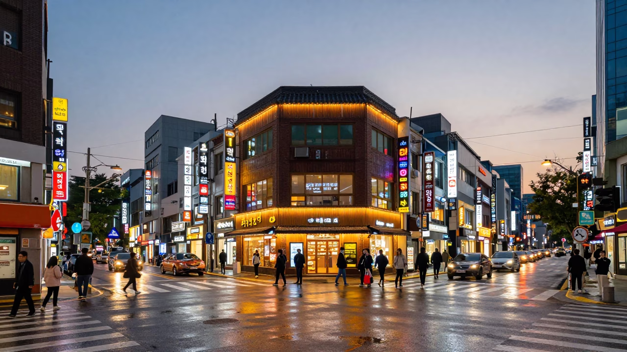 Seoul street corner at dusk with neon signs and pedestrian crossing in in Seoul, South Korea