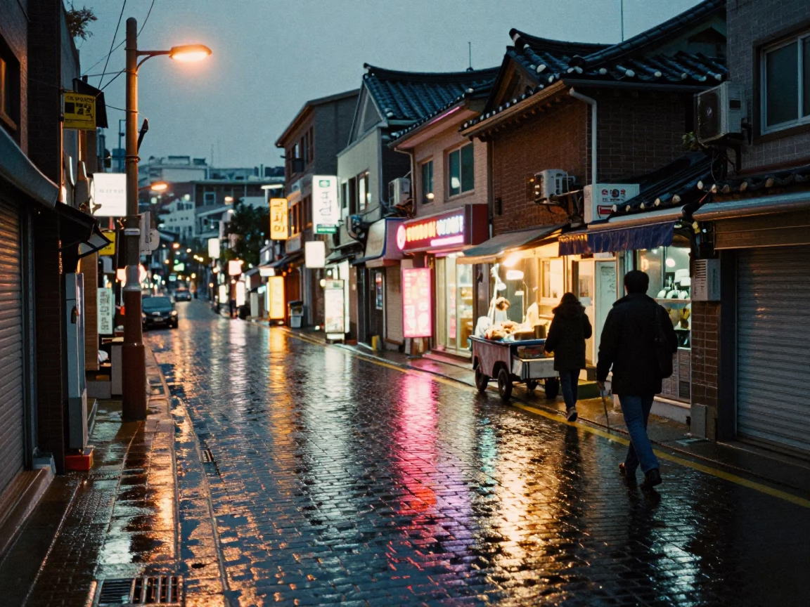Seoul Street Corner at Dusk with Rain Reflections and Urban Life in in Seoul, South Korea