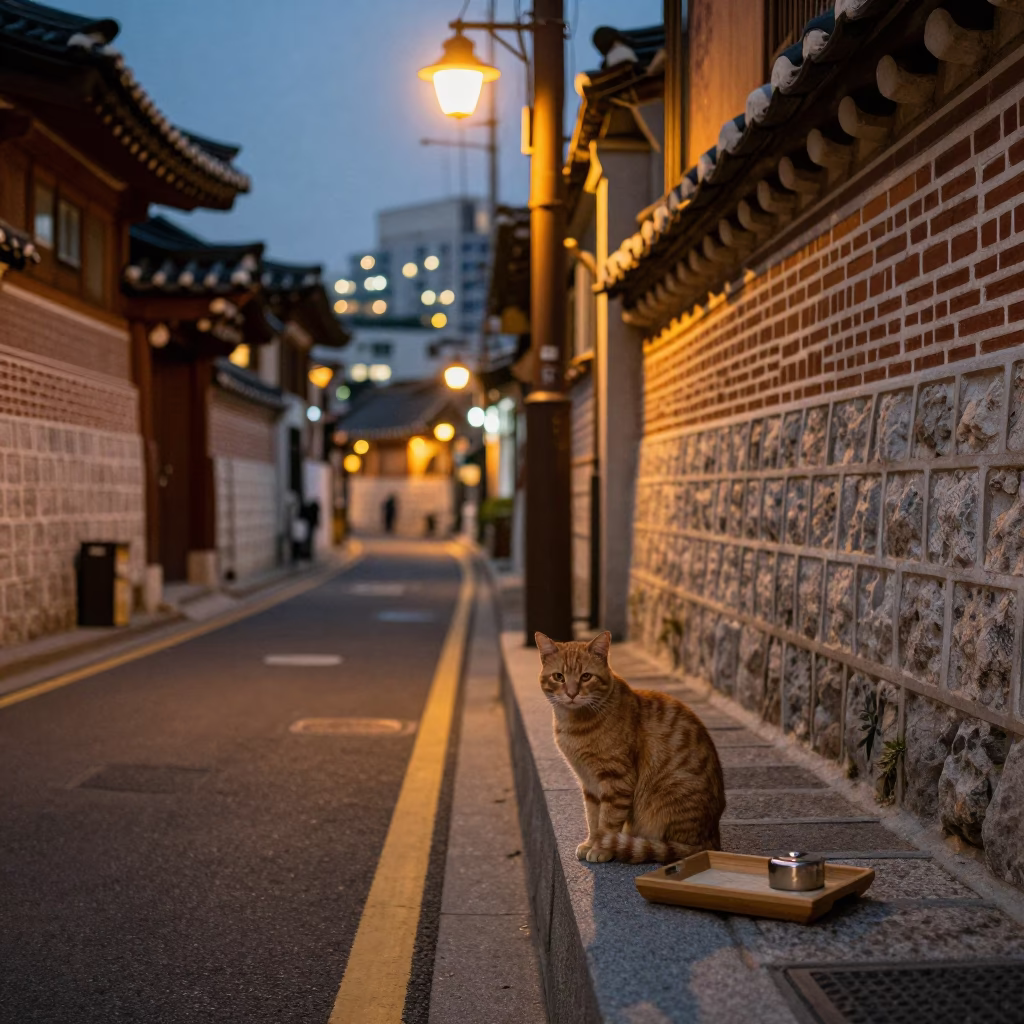 Seoul Street Corner at Dusk with Wooden Tray and Ginger Cat in in Seoul, South Korea