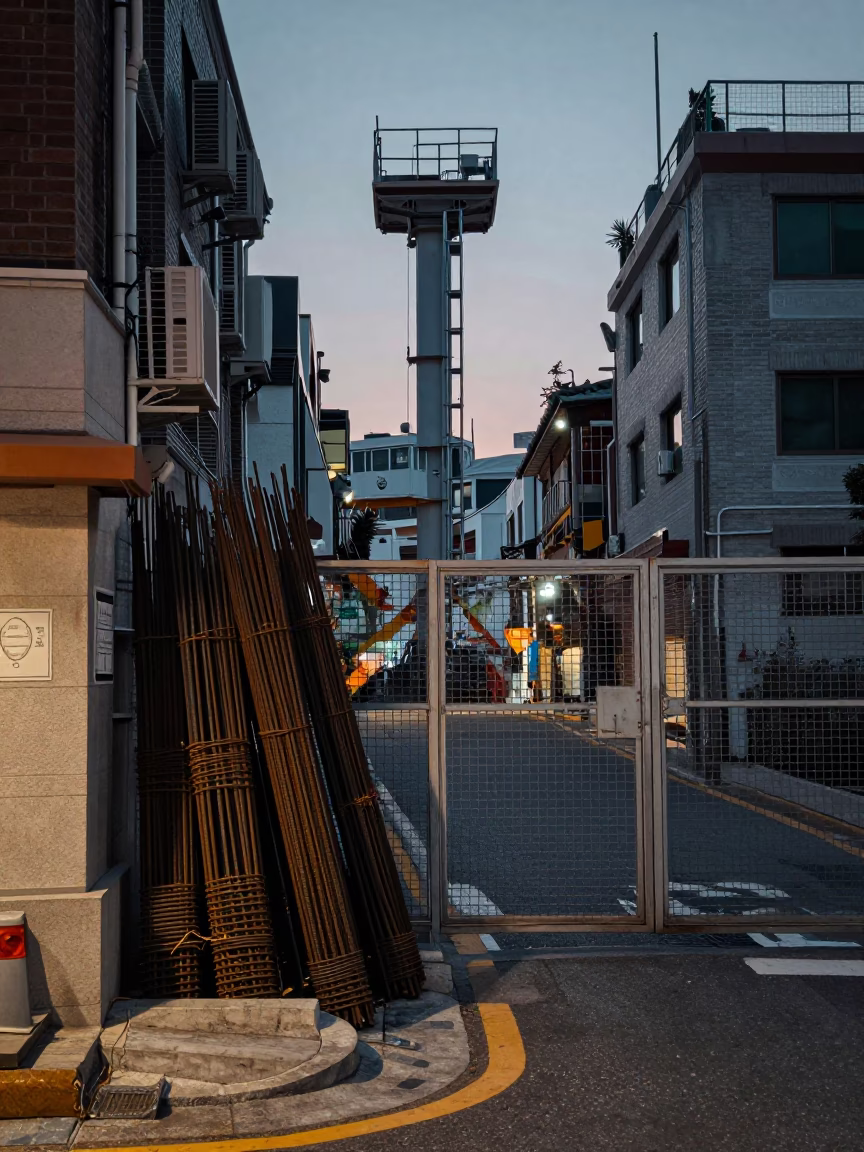 Seoul Street Corner Before Dawn With Construction Elevator Gate And Rebar Bundles in in Seoul, South Korea