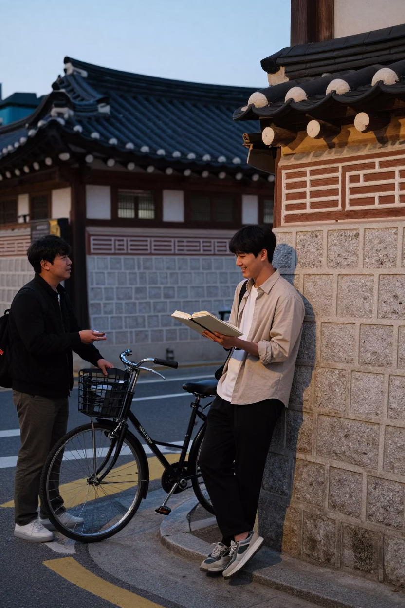 Seoul Street Corner Evening Scene with Bicycle and Sketchbook in in Seoul, South Korea