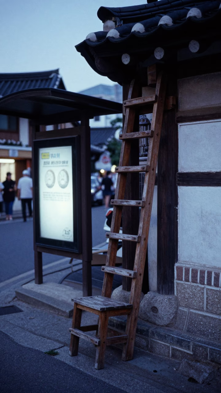 Seoul Street Corner Evening Scene with Traditional Wooden Ladder Chair and Neon Signs in in Seoul, South Korea