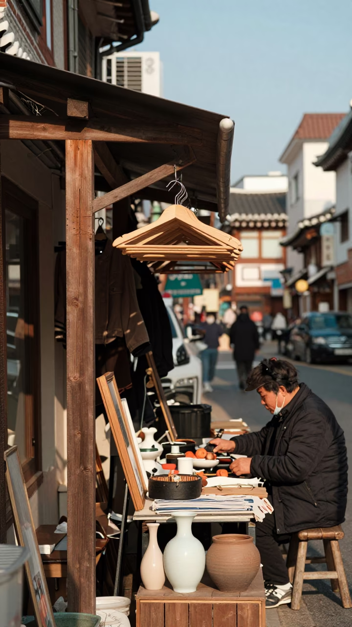 Seoul street corner with wooden hanger and vase in late afternoon light in in Seoul, South Korea