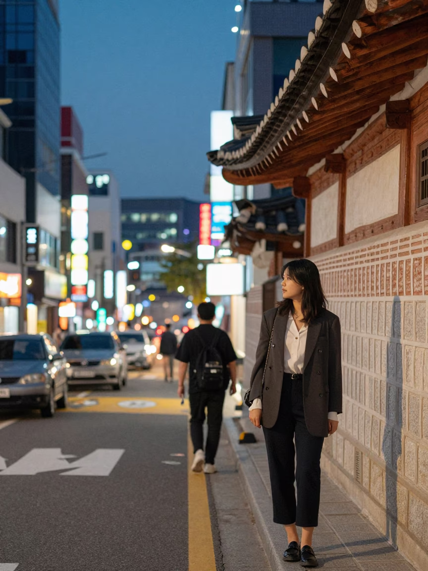 Seoul Street Evening Scene with Neon Lights and Urban Life in in Seoul, South Korea