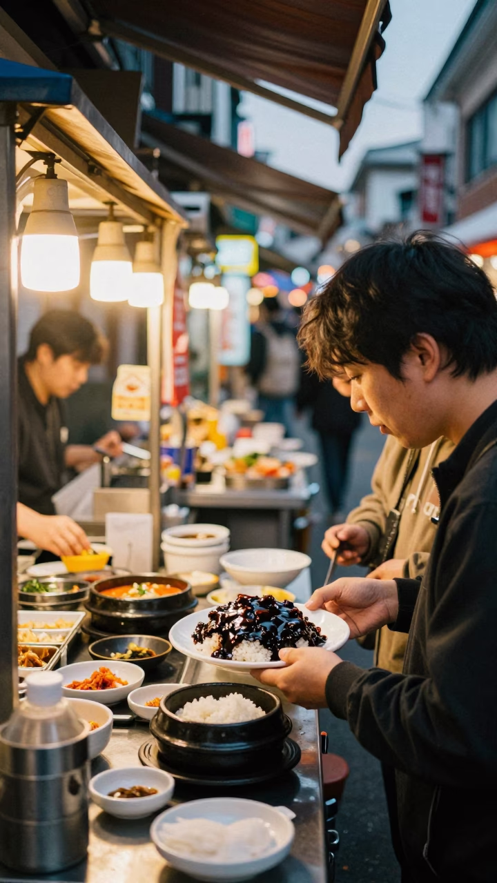 Seoul Street Evening Scene with Traditional Korean Food and Modern City Life in in Seoul, South Korea