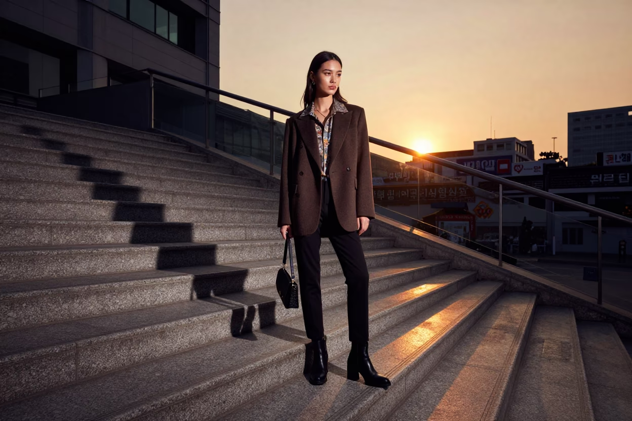 Seoul Street Fashion Portrait at Sunset with Urban Architecture and Pedestrian Life in in Seoul, South Korea