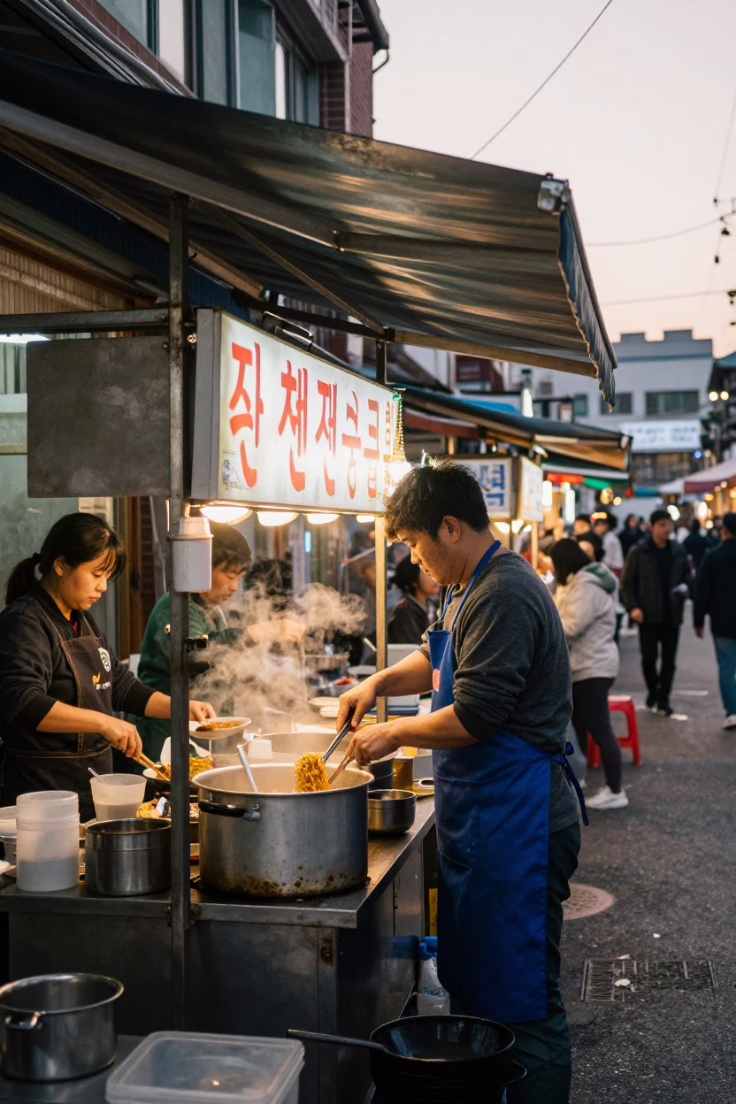 Seoul Street Food Stall at Dawn with Ramen and Soft Boiled Egg in in Seoul, South Korea