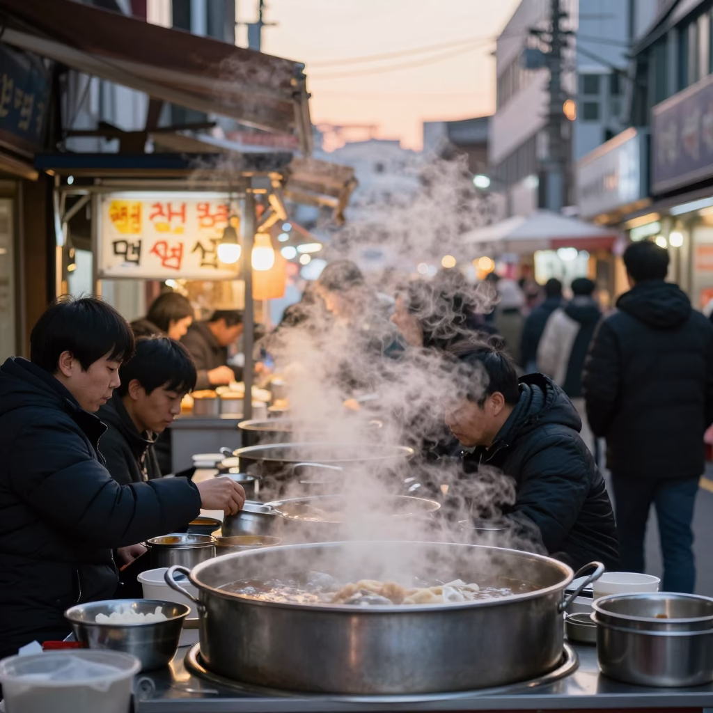 Seoul Street Food Stall at Dawn with Steam and Early Commuters in in Seoul, South Korea