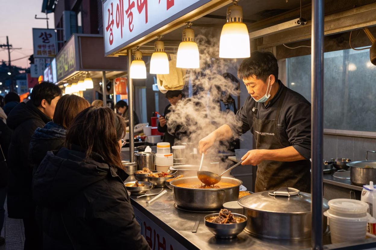 Seoul Street Food Stall at Dusk Serving Pepper Soup and Hummus Near Namsan Tower in in Seoul, South Korea