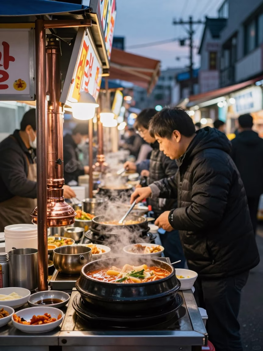 Seoul Street Food Stall Before Dusk Bubbling Stew and Busy Night Market in in Seoul, South Korea