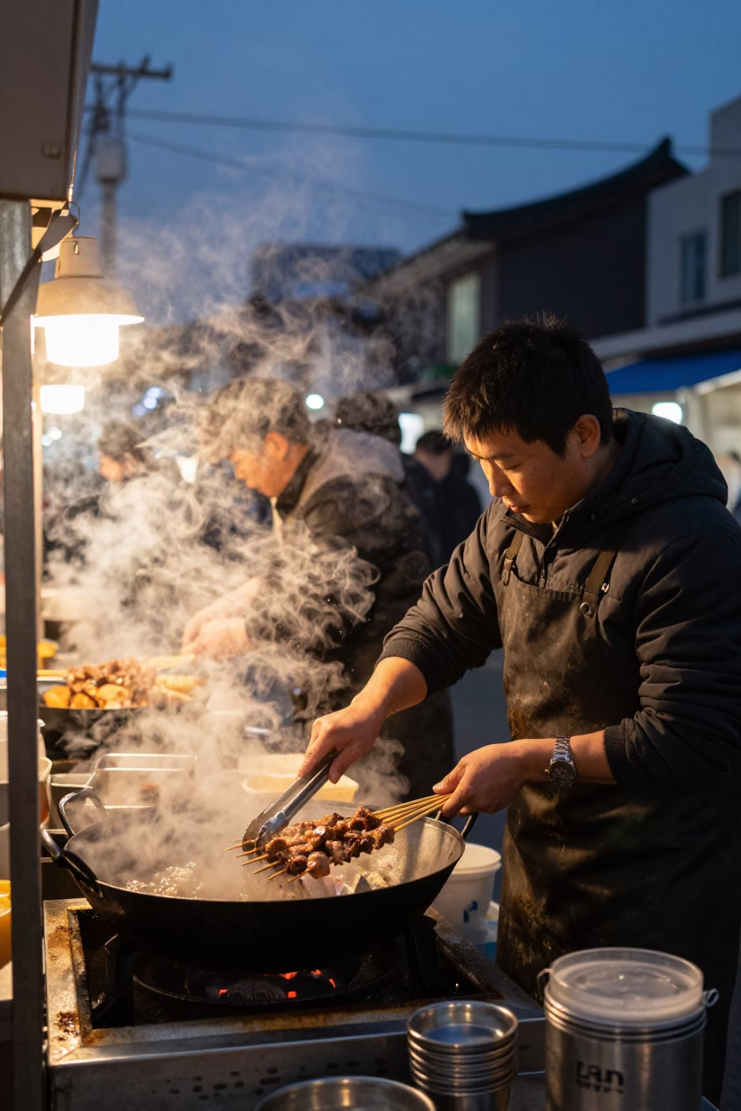 Seoul Street Food Stall Cooking in Copper Dusk Light with Steam and Urban Background in in Seoul, South Korea