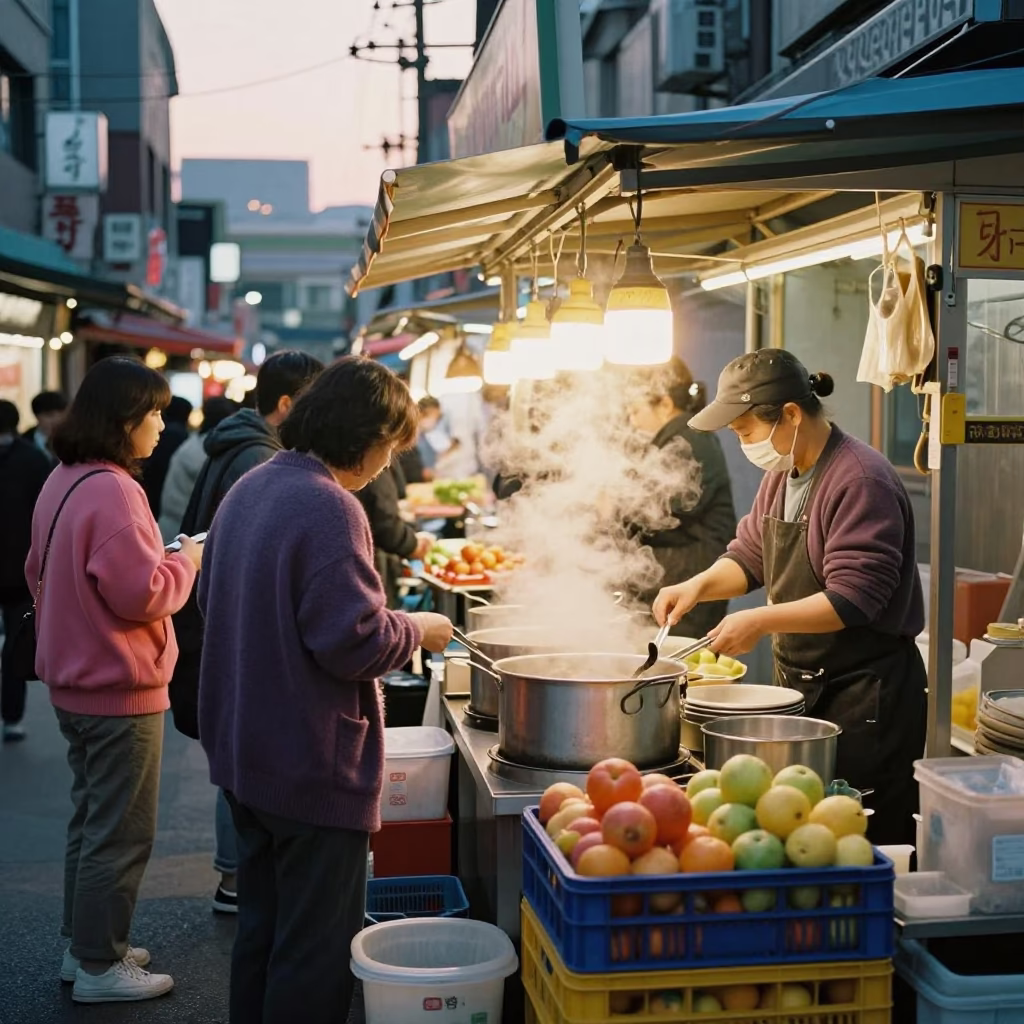 Seoul Street Food Stall Golden Hour with Cardigans and Fruit Crates in in Seoul, South Korea