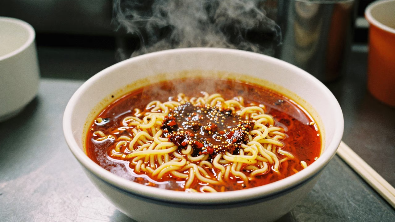 Seoul Street Food Stall Honeyed Evening Light Bowl of Tantanmen Ramen Chili Oil in in Seoul, South Korea