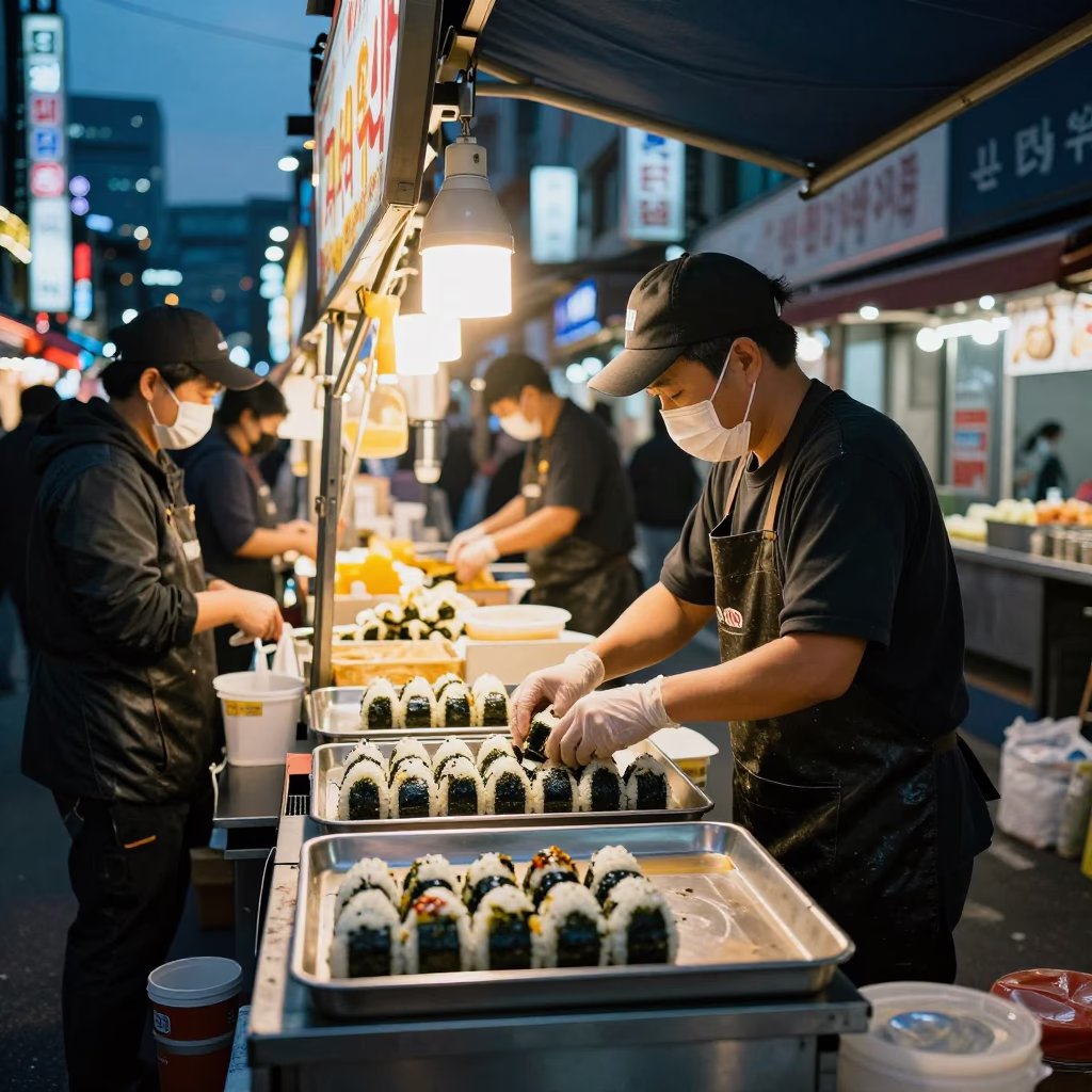 Seoul Street Food Stall Night Scene with Onigiri and City Lights in in Seoul, South Korea