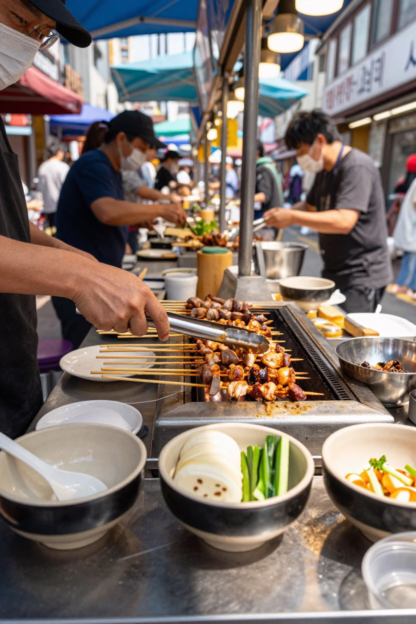 Seoul Street Food Stall Noon Lunch Ceramic Bowl and Kitchen Tongs in in Seoul, South Korea