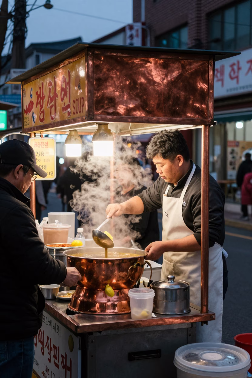 Seoul street food stall selling harira soup with lemon before dusk in in Seoul, South Korea
