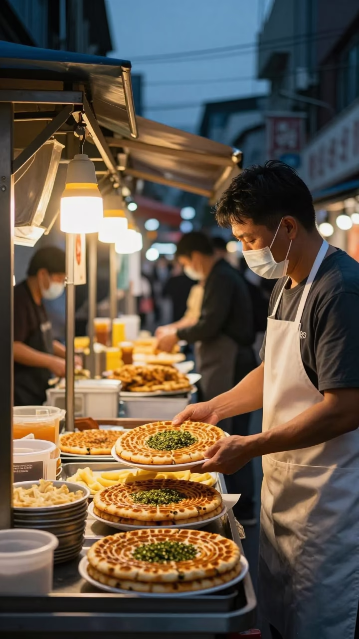 Seoul Street Food Stall Twilight Scene with Manakeesh and Lassi in in Seoul, South Korea