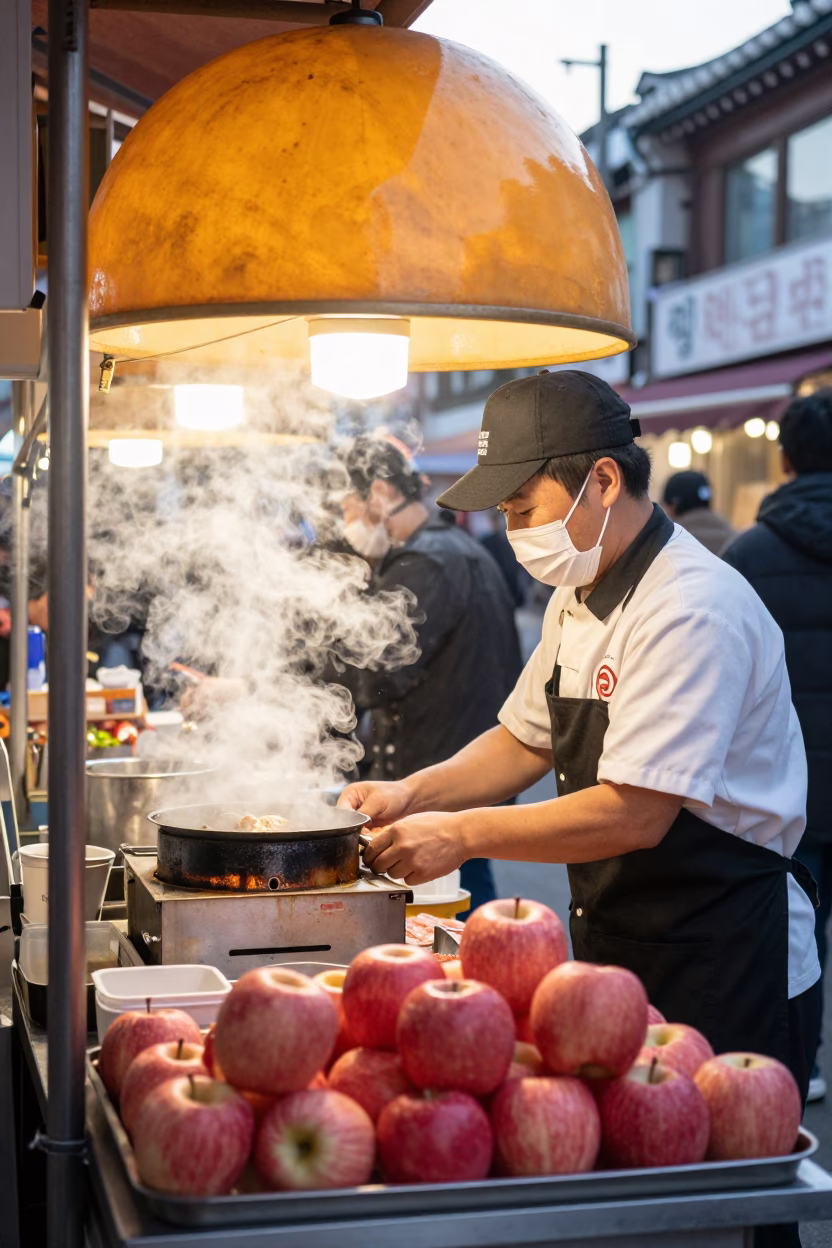 Seoul Street Food Stall with Cheese Dome and Apples at Dawn in in Seoul, South Korea