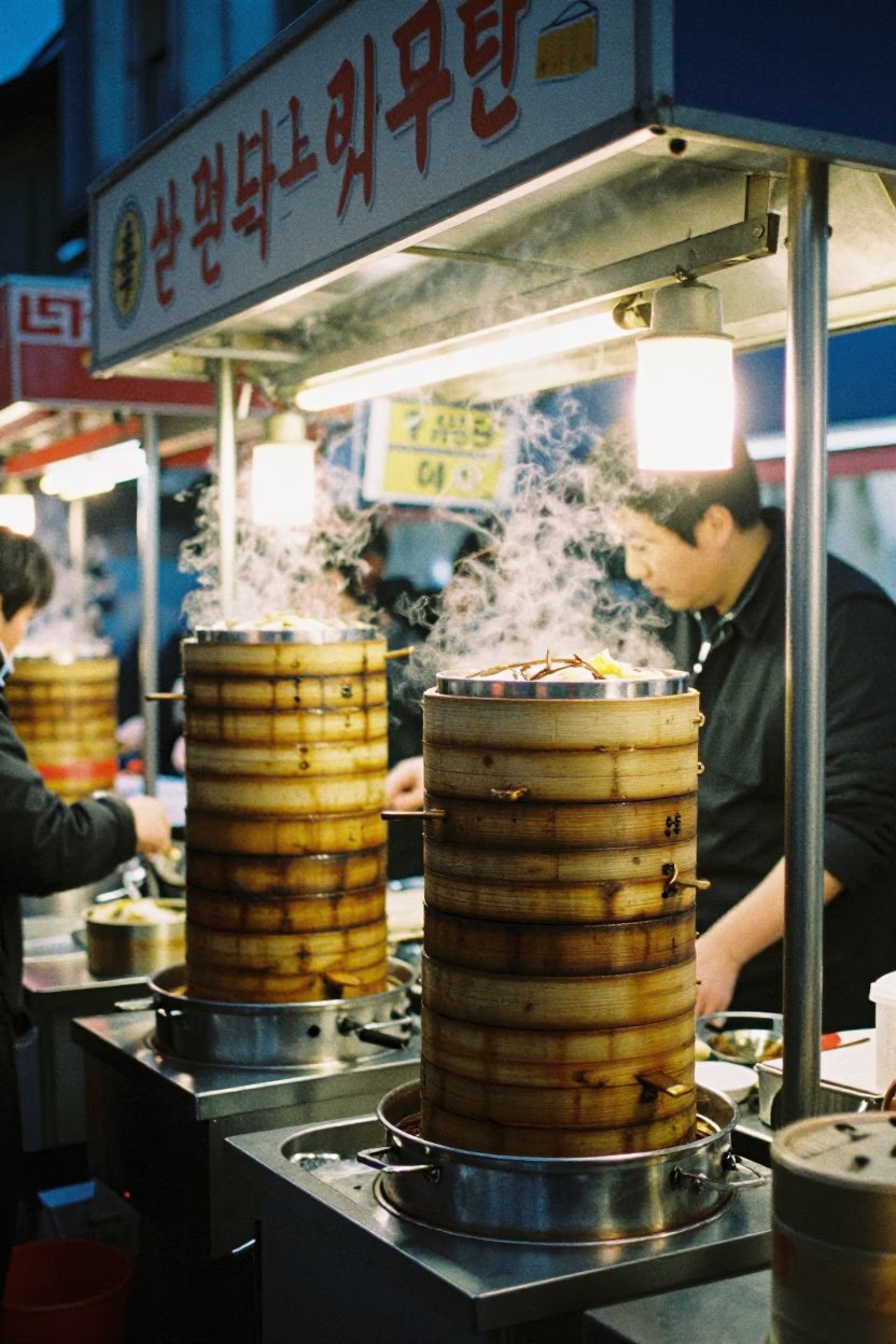 Seoul Street Food Stall with Dim Sum Steamers at Indigo Twilight in in Seoul, South Korea