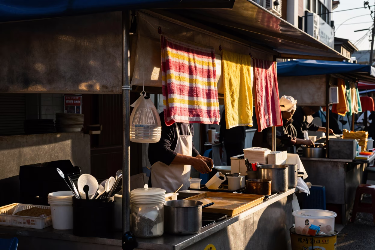Seoul Street Food Stall with Hanging Striped Towel and Utensil Crock in in Seoul, South Korea