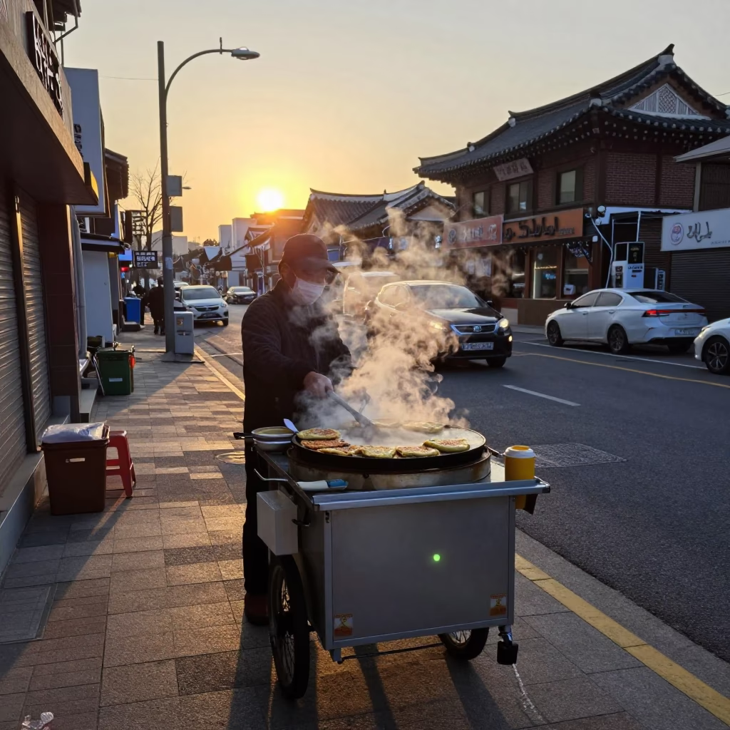 Seoul street food vendor at dusk with steaming pan and urban skyline backdrop in in Seoul, South Korea