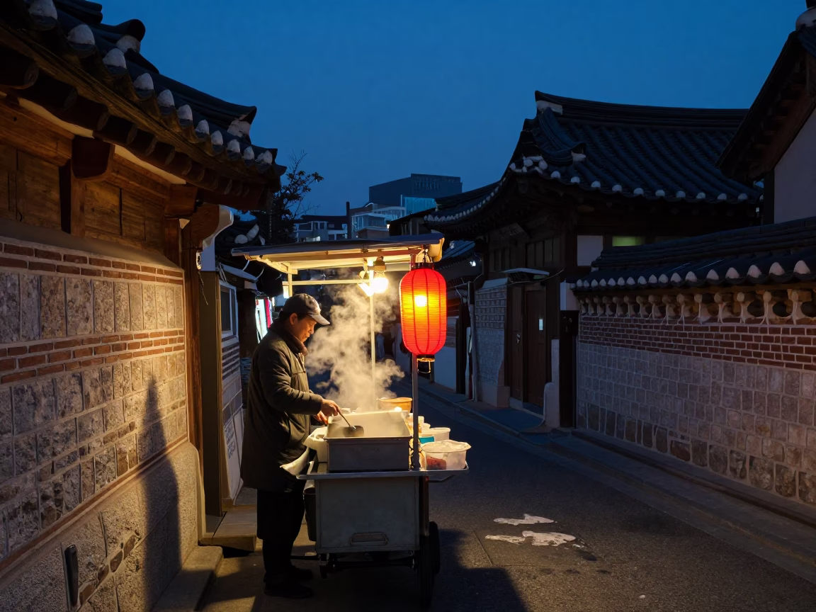 Seoul street food vendor at twilight with paper lanterns and bustling urban life in in Seoul, South Korea
