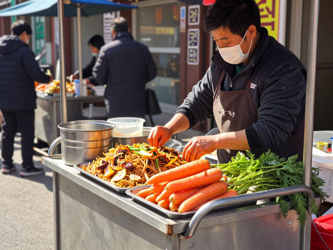 Seoul street food vendor preparing fresh carrots and koshari in bright midmorning light in in Seoul, South Korea