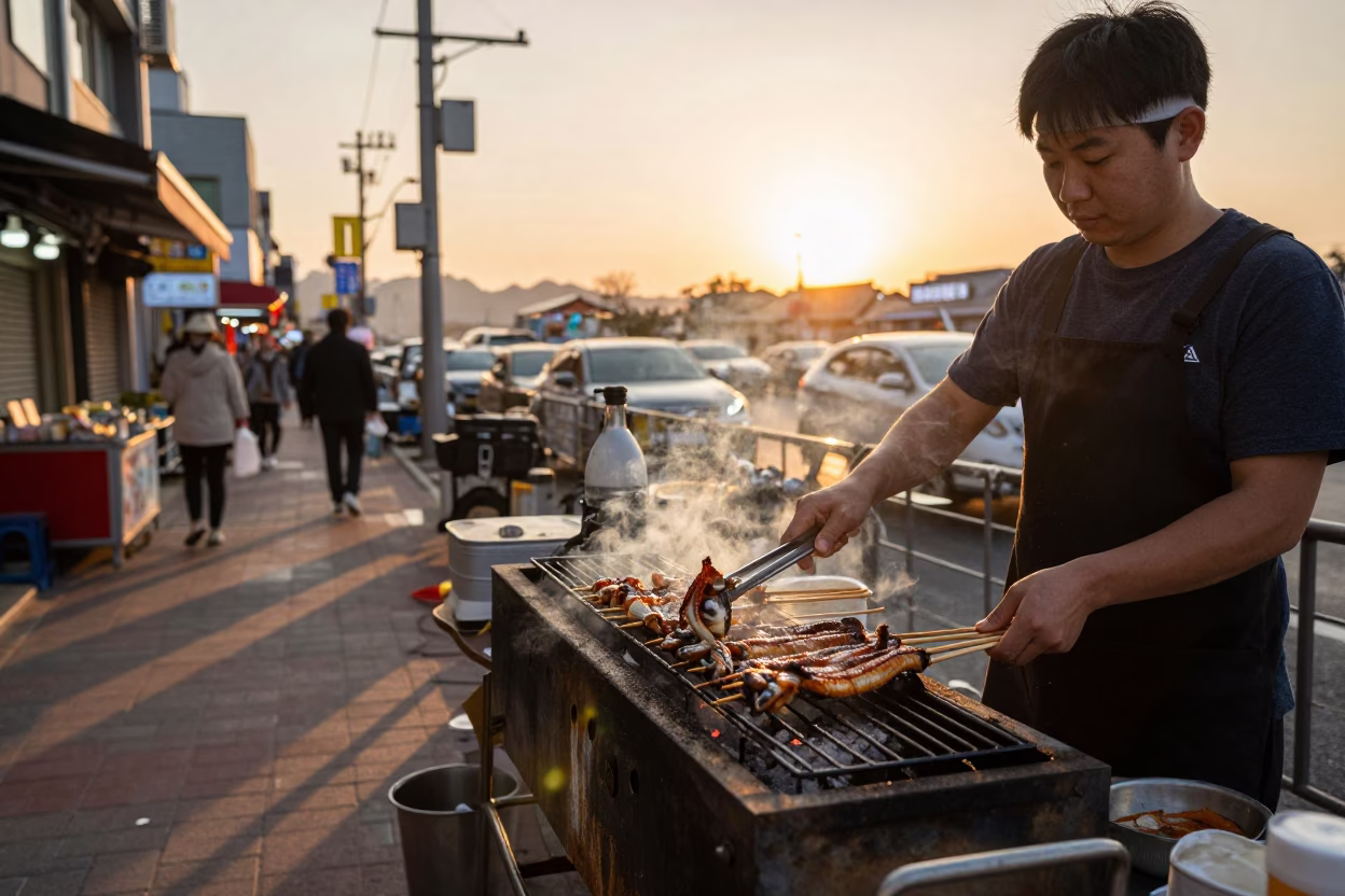 Seoul Street Food Vendor Preparing Grilled Eel with Leongrass Garnish at Sunset in in Seoul, South Korea