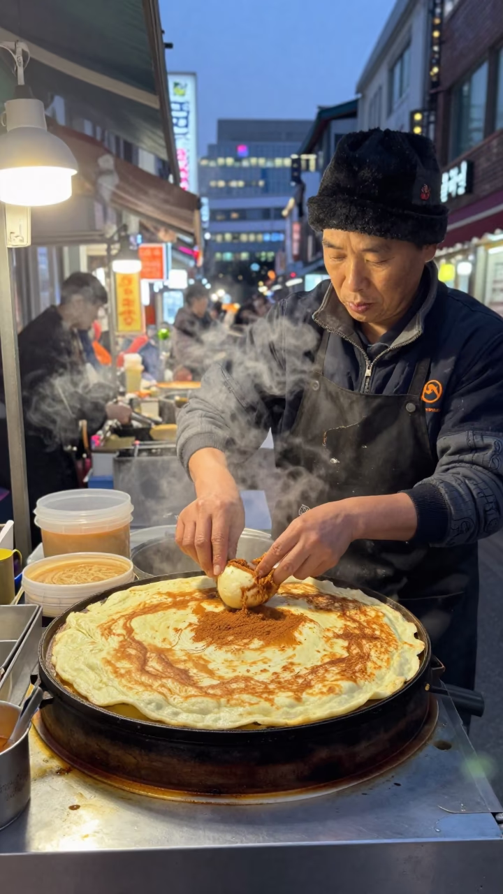 Seoul street food vendor preparing hotteok at dusk with neon signs and steam rising in in Seoul, South Korea
