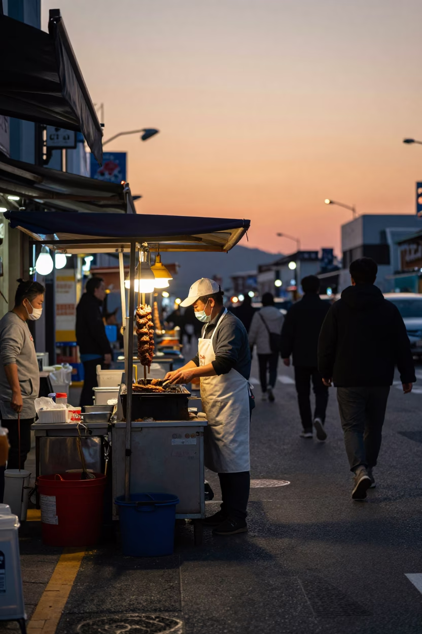 Seoul street food vendor selling grilled meat under evening sunset light in in Seoul, South Korea
