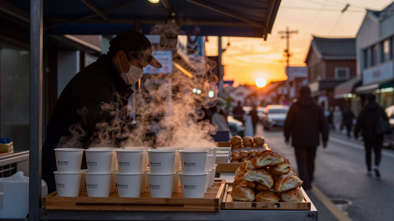 Seoul street food vendor selling hot teacups and bread boards at sunset in in Seoul, South Korea