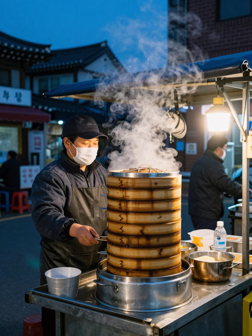 Seoul Street Food Vendor Serving Dim Sum Steamers in Evening Blue Light in in Seoul, South Korea