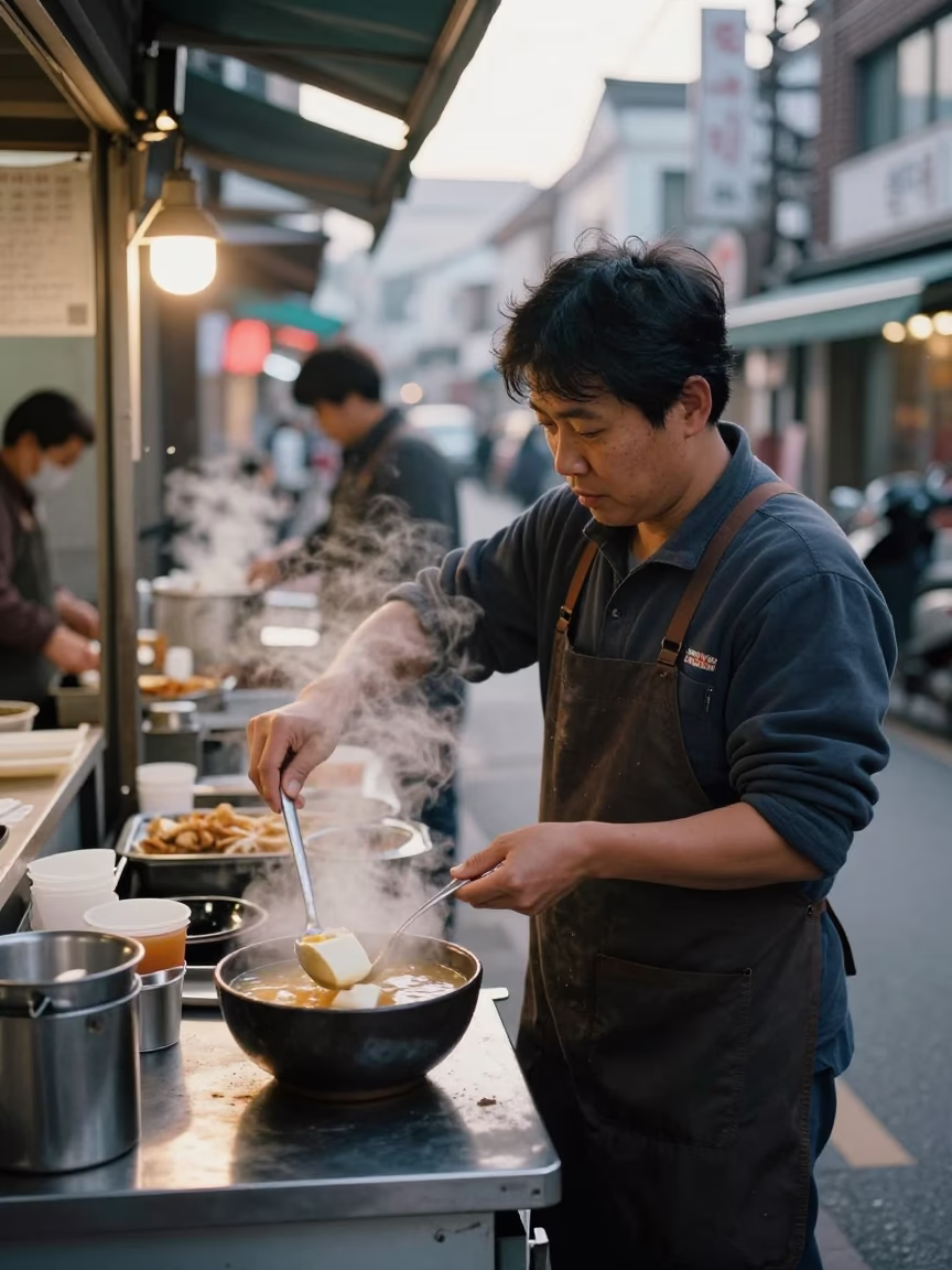 Seoul Street Food Vendor Serving Hot Miso Soup at Dawn in South Korea in in Seoul, South Korea