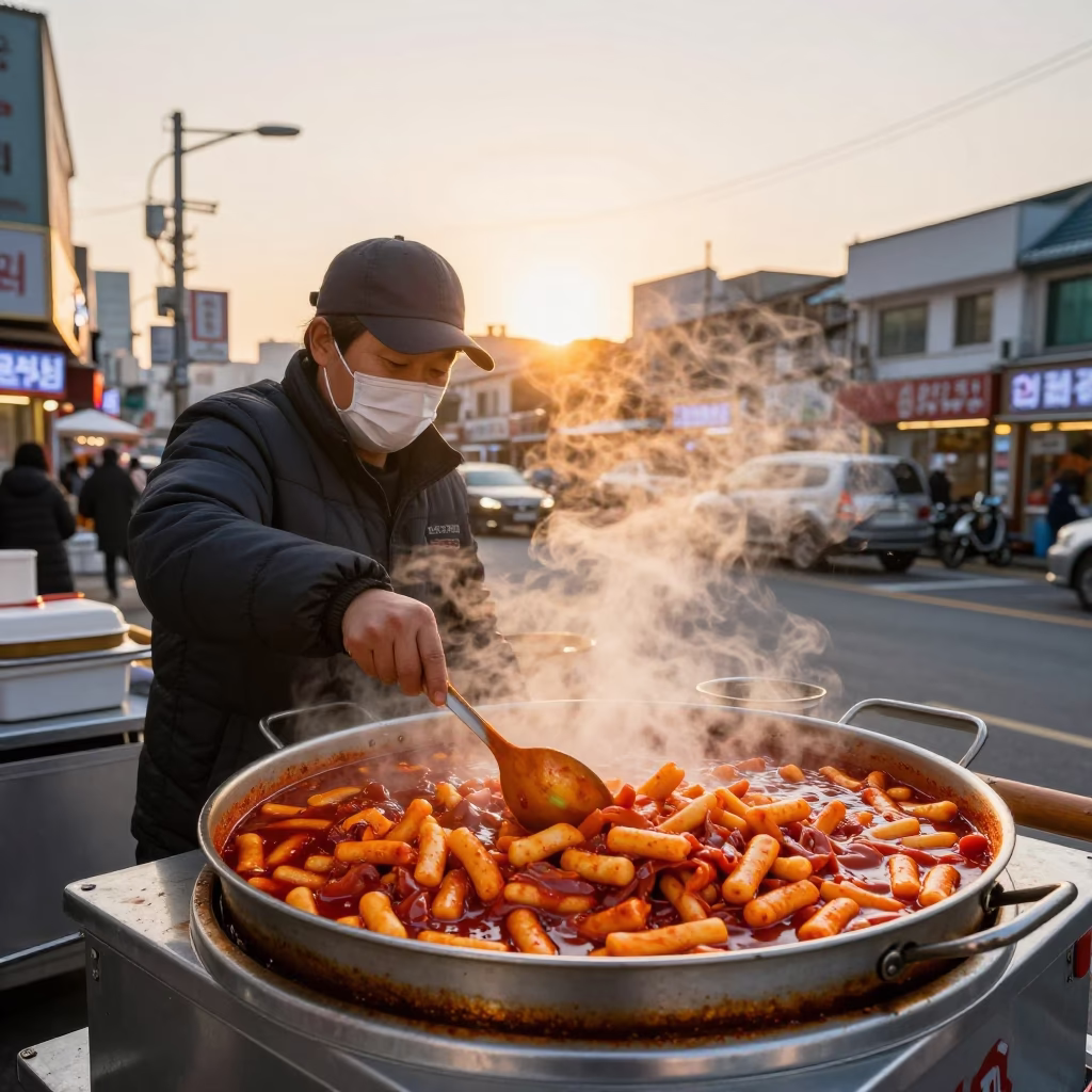 Seoul street food vendor serving hot tteokbokki with steam rising at sunset in in Seoul, South Korea