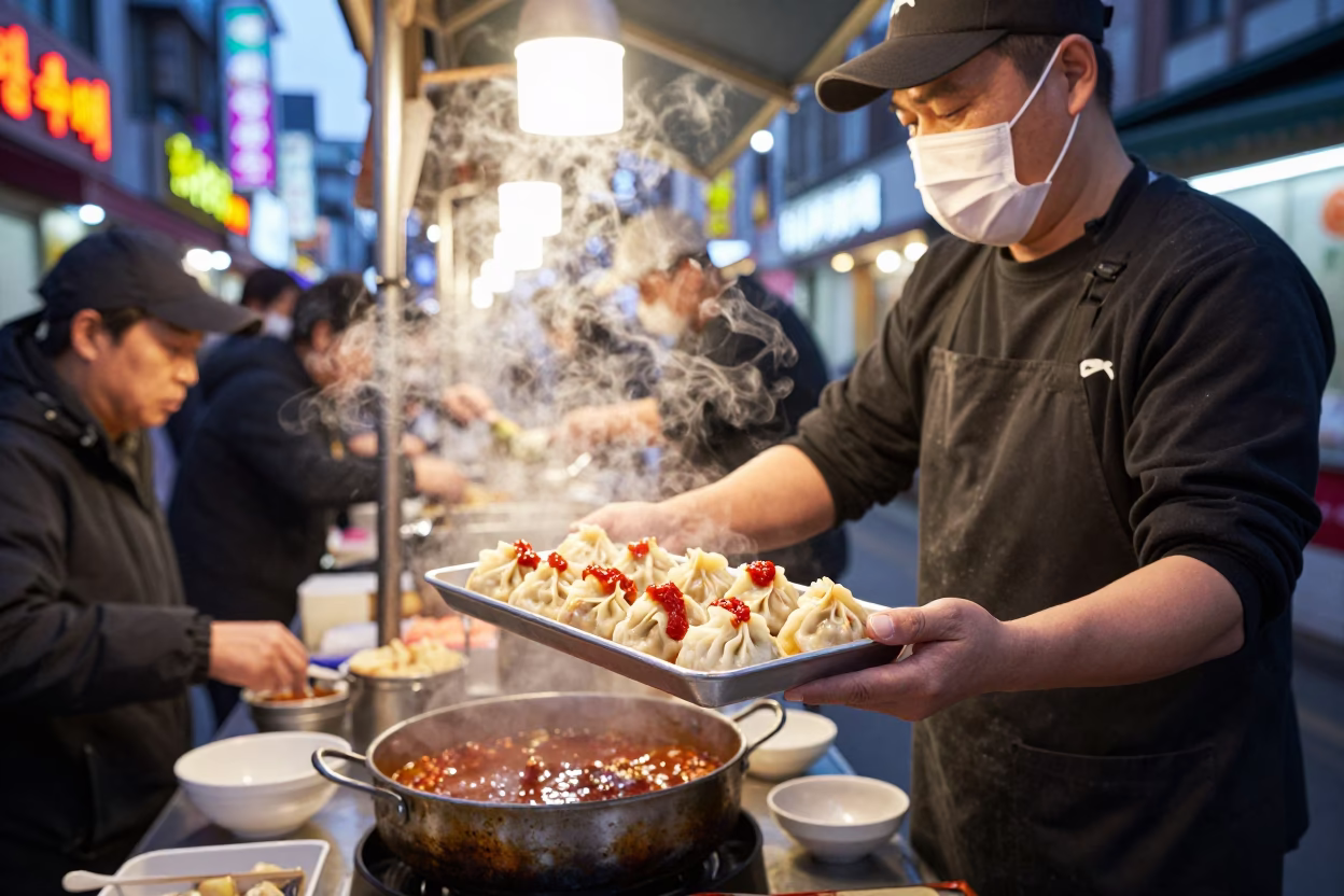 Seoul Street Food Vendor Serving Momos with Spicy Chutney at Dusk in in Seoul, South Korea
