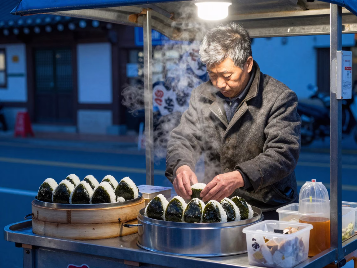 Seoul street food vendor serving onigiri under indigo twilight neon lights in South Korea in in Seoul, South Korea