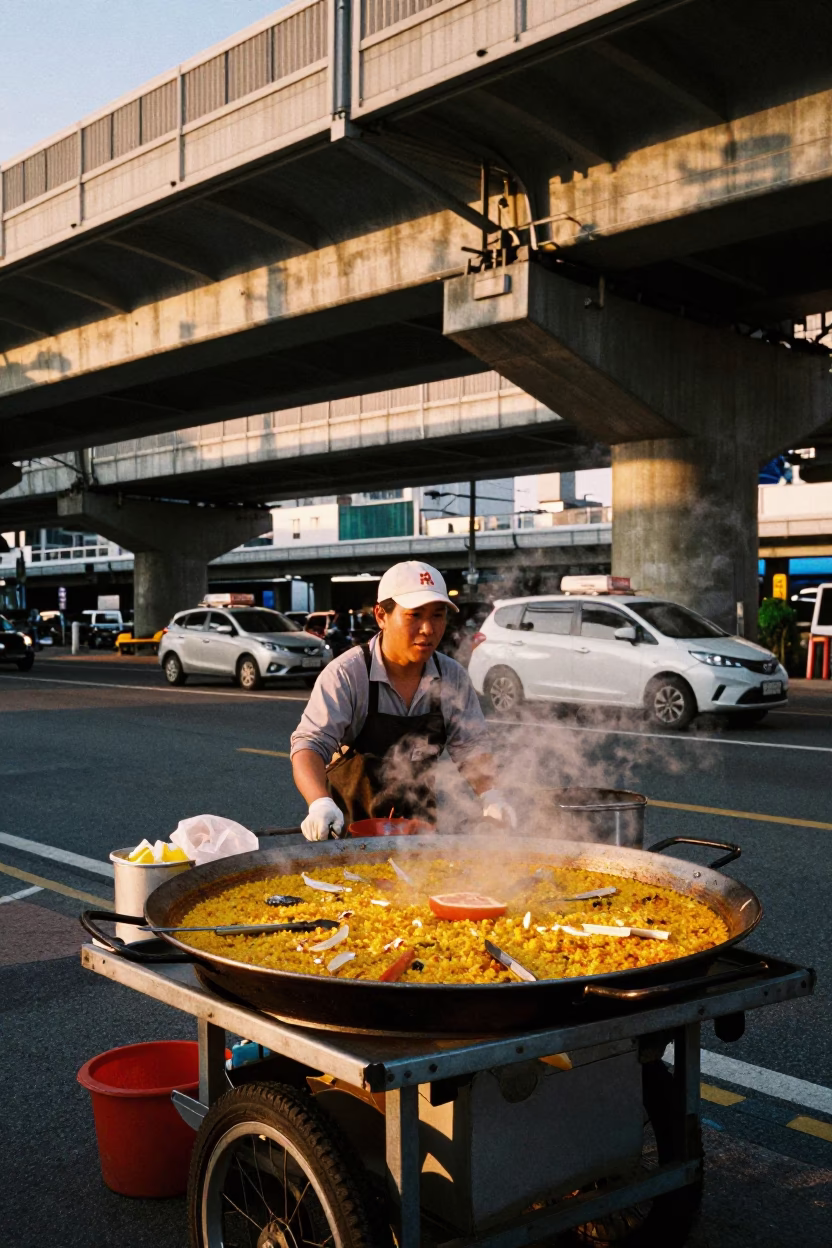 Seoul street food vendor serving paella under flyover shadows at sunset in in Seoul, South Korea