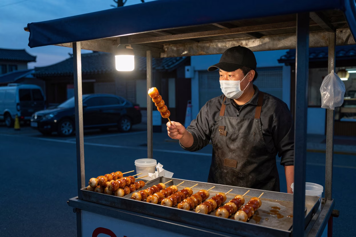 Seoul Street Food Vendor Serving Skewers of Dango Under Indigo Twilight Streetlights in in Seoul, South Korea