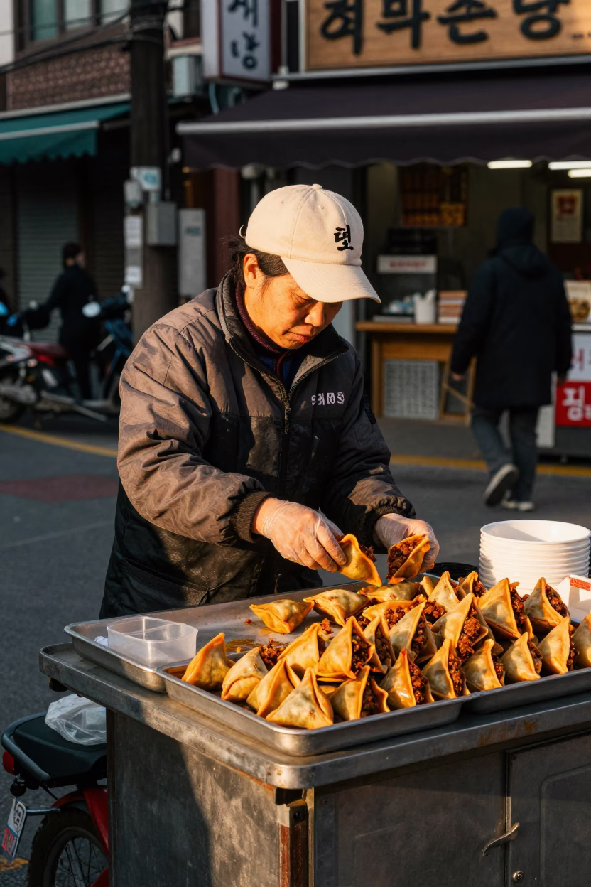 Seoul Street Food Vendor Serving Spiced Meat Sambusa in Honeyed Evening Light 1980s in in Seoul, South Korea