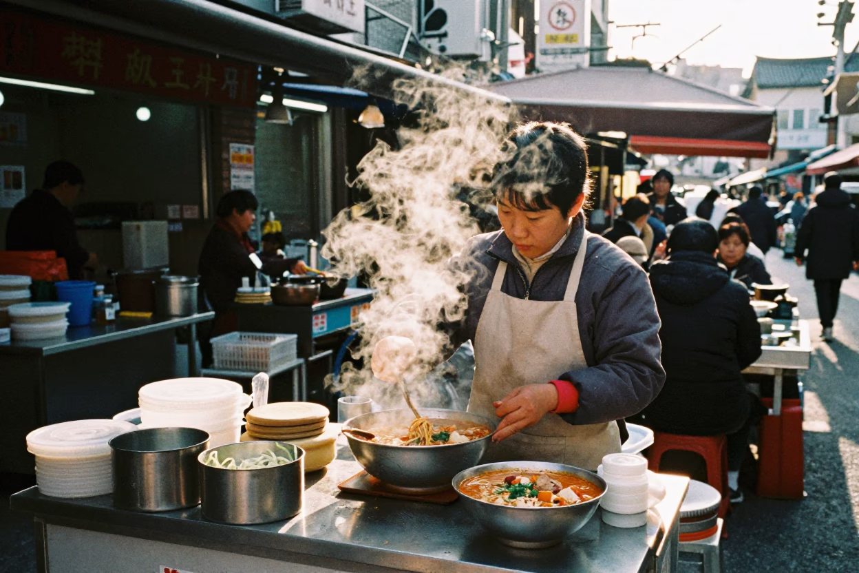 Seoul Street Food Vendor Serving Spicy Laksa in Clear Late Afternoon Light in in Seoul, South Korea