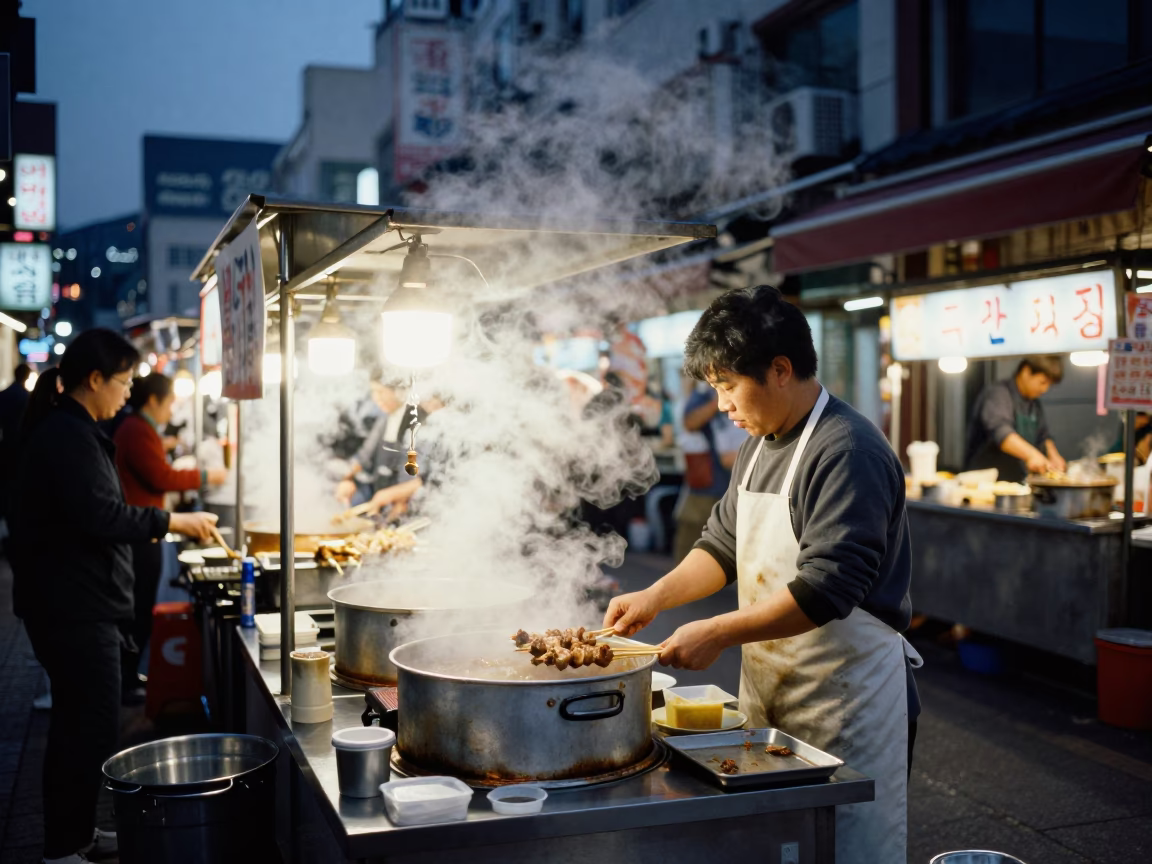 Seoul Street Food Vendor Twilight Steam Haze and City Life in in Seoul, South Korea