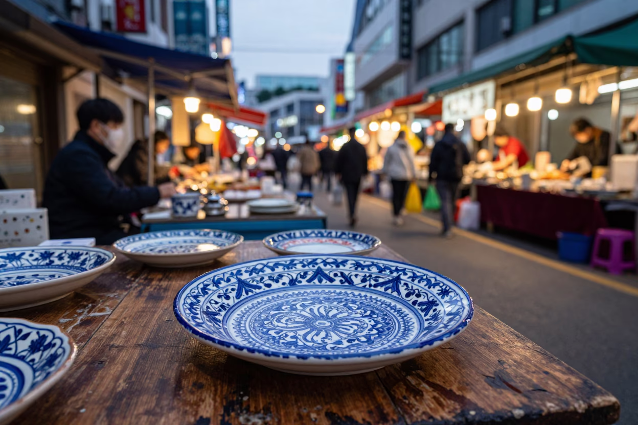 Seoul Street Market Evening Scene with Vintage Majolica Plate and Painted Crate in in Seoul, South Korea