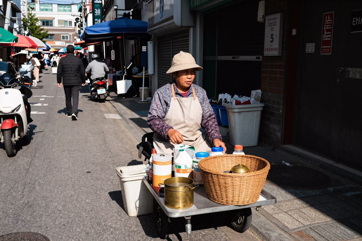 Seoul Street Market Vendor with Woven Basket and Brass Tray at Midday in in Seoul, South Korea