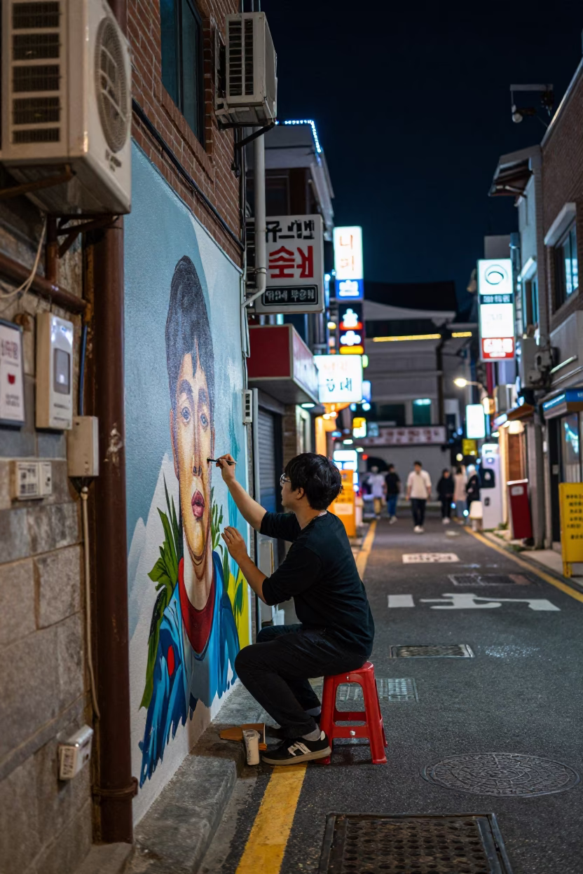 Seoul Street Night Scene with Artist Painting Mural Under Deep Night Sky in in Seoul, South Korea