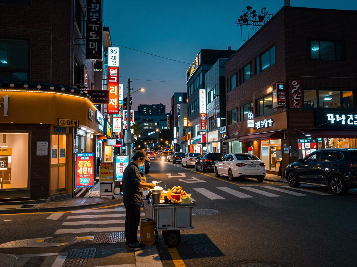 Seoul Street Night Scene with Neon Signs and Street Vendor Food Stall in in Seoul, South Korea