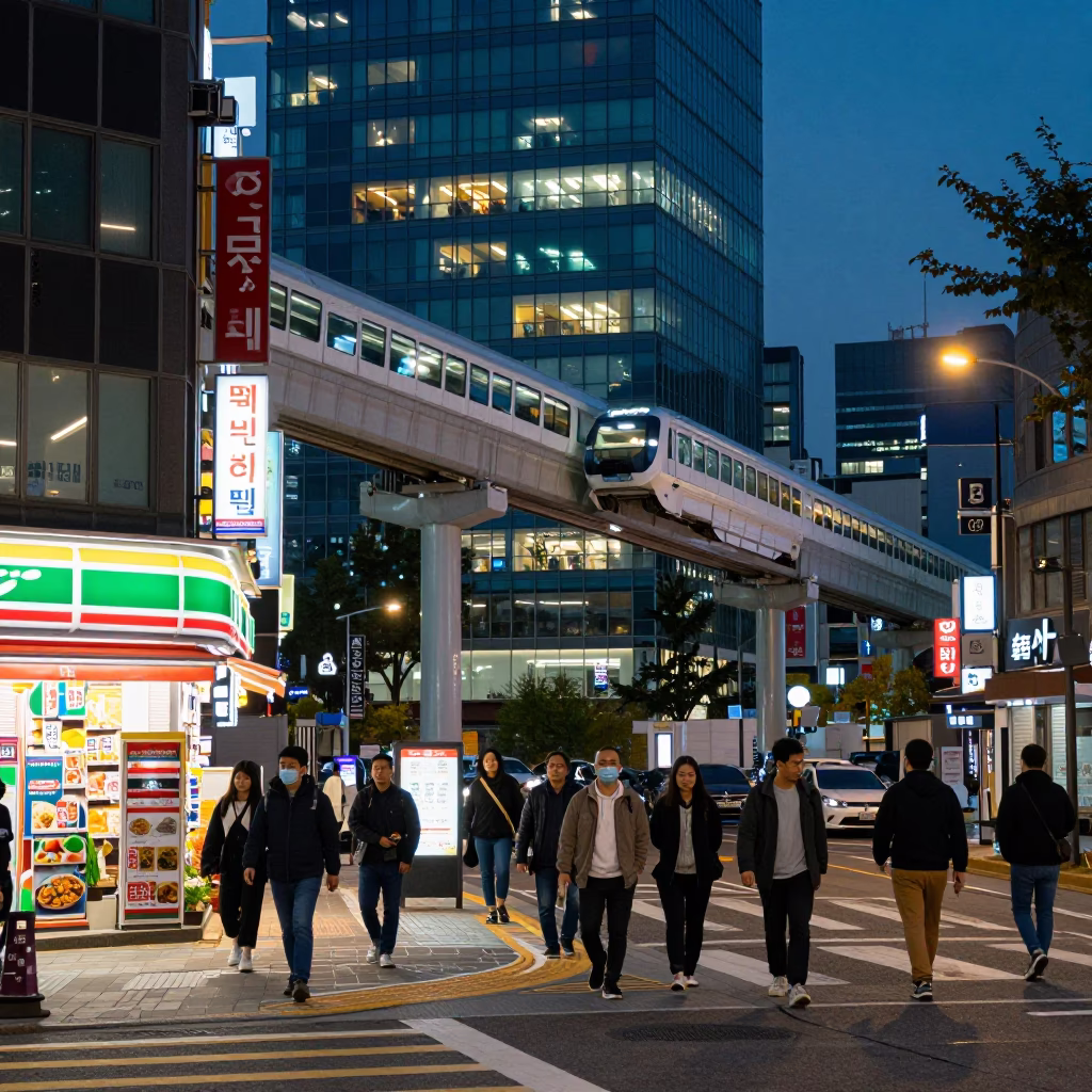 Seoul Street Night with Monorail and Modern Glass Architecture in in Seoul, South Korea