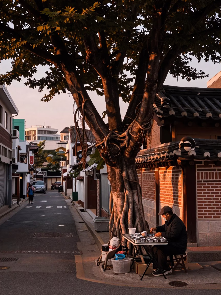Seoul Street Scene at Copper-toned Light Before Dusk in in Seoul, South Korea