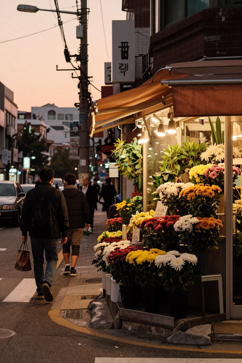 Seoul Street Scene at Copper-toned Light Before Dusk in in Seoul, South Korea