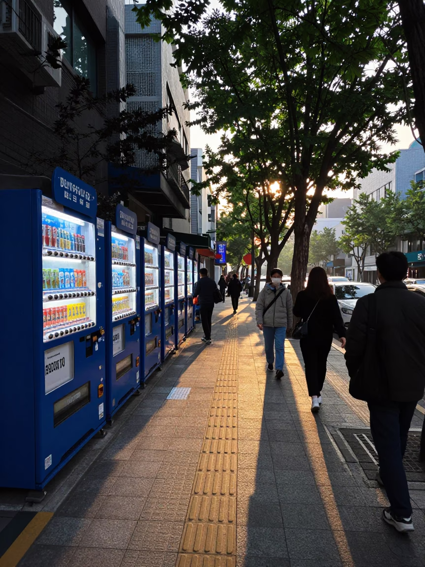 Seoul Street Scene at Dawn with Vending Machines and Morning Commuters in in Seoul, South Korea