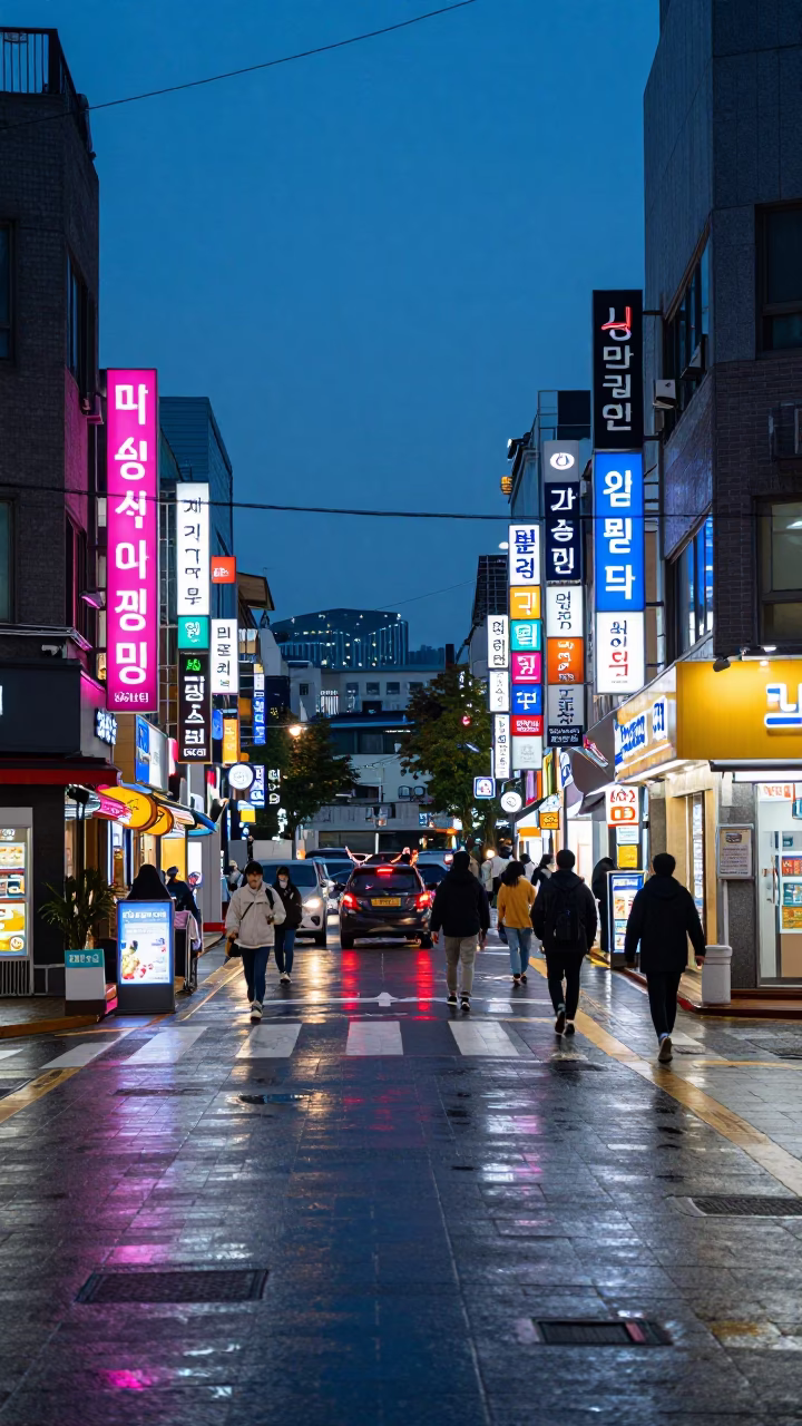 Seoul Street Scene at Dusk with Neon Lights and Urban Life in South Korea in in Seoul, South Korea